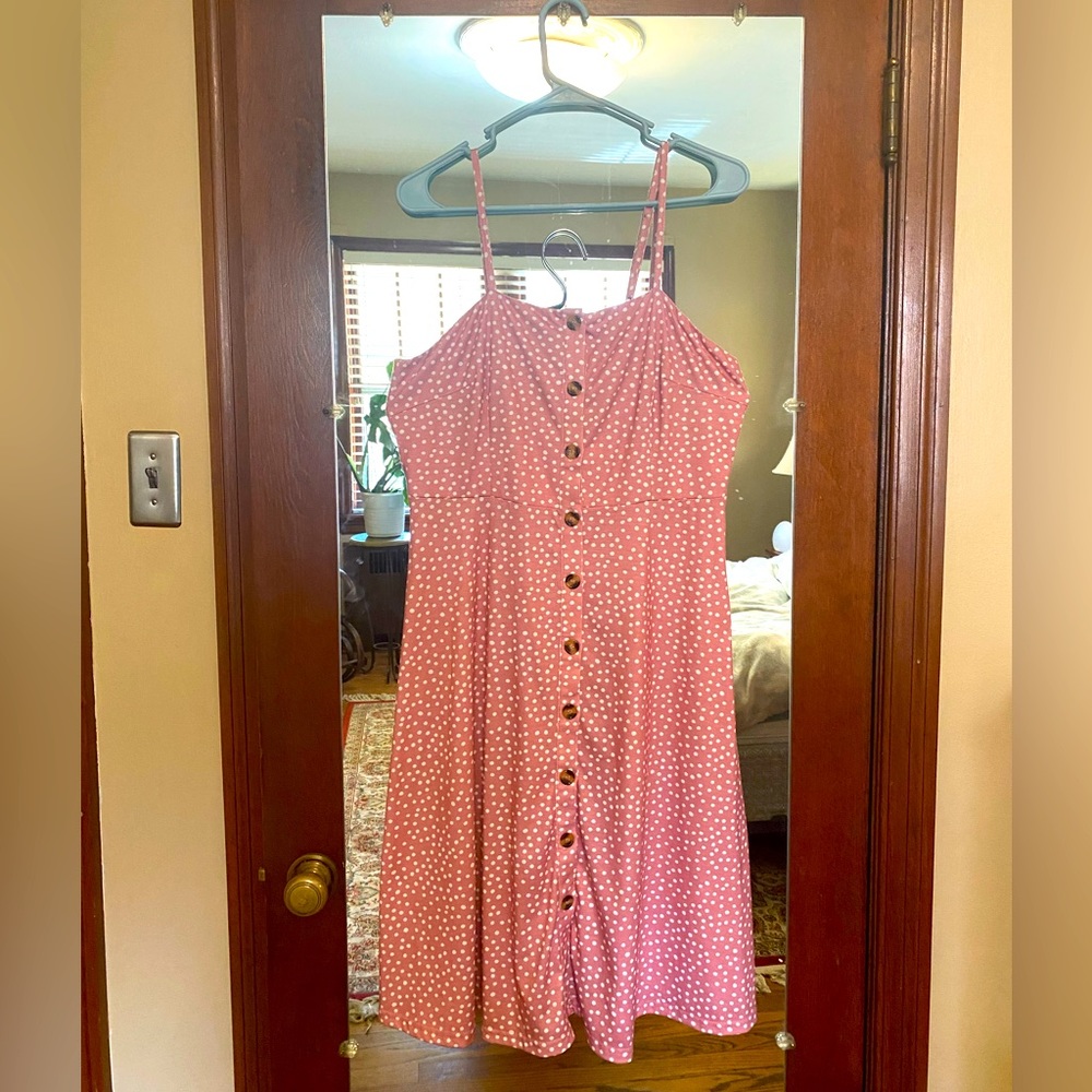 Pink polka dot button down dress (L)